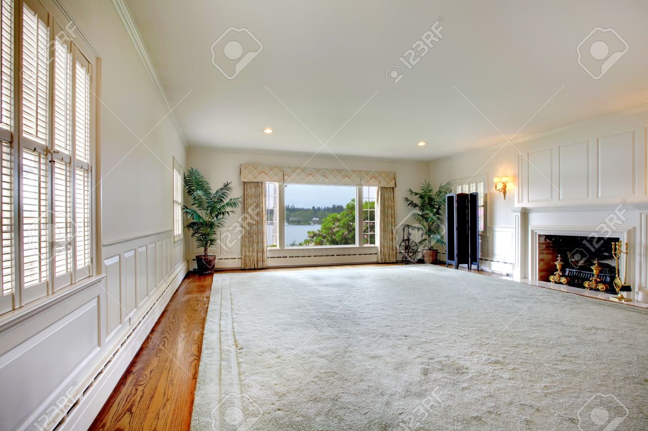 Large Empty Living Room With Huge Rug, Fireplace And Lake View. Stock  Photo, Picture and Royalty Free Image. Image 19318505., image size:1300x866