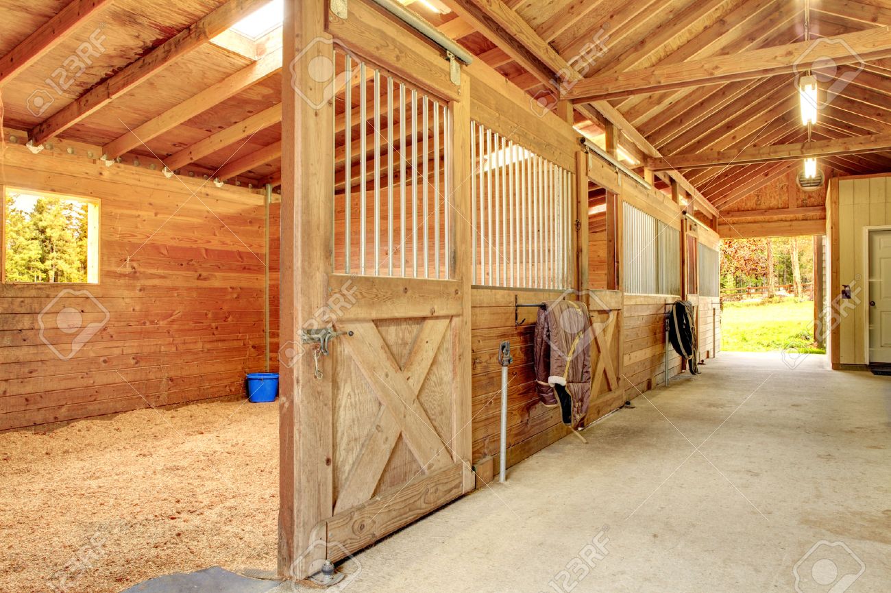 Stable Barn With Beam Ceiling And Open Door To A Clean Stall