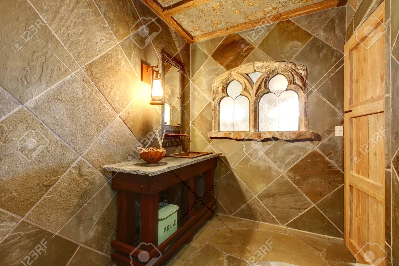 concrete castle style bathroom with an arch window, cherry open concrete castle style bathroom with an arch window, cherry open
