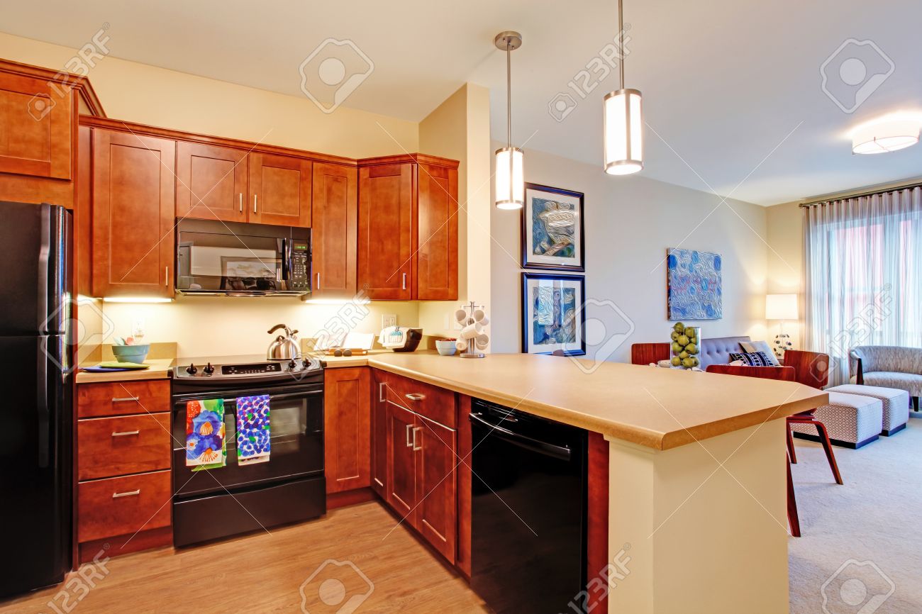 Modern Kitchen Room In Apartment With Open Floor Plan View Of ... Modern Kitchen Room In Apartment With Open Floor Plan View Of ...
