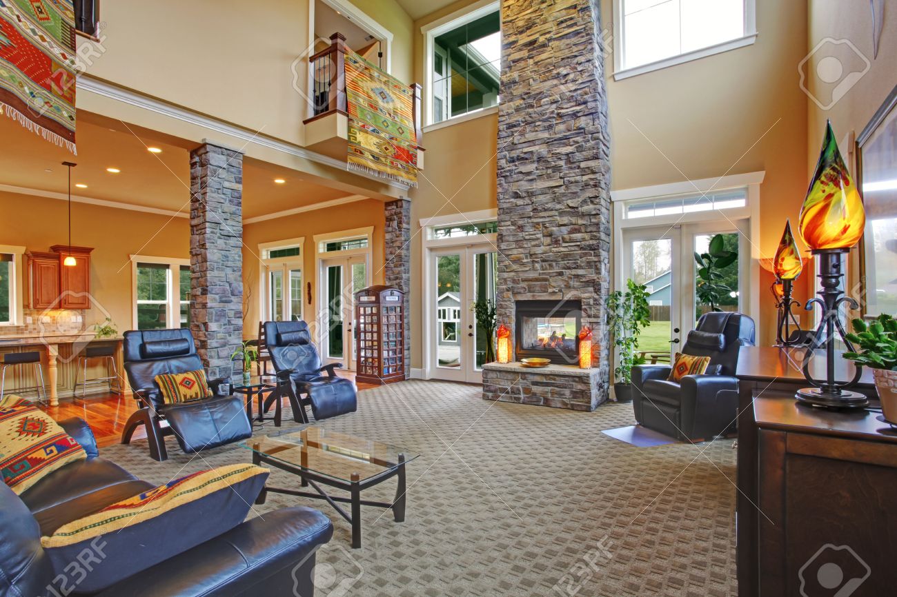 luxury house open floor plan. spacious living room with high luxury house open floor plan. spacious living room with high