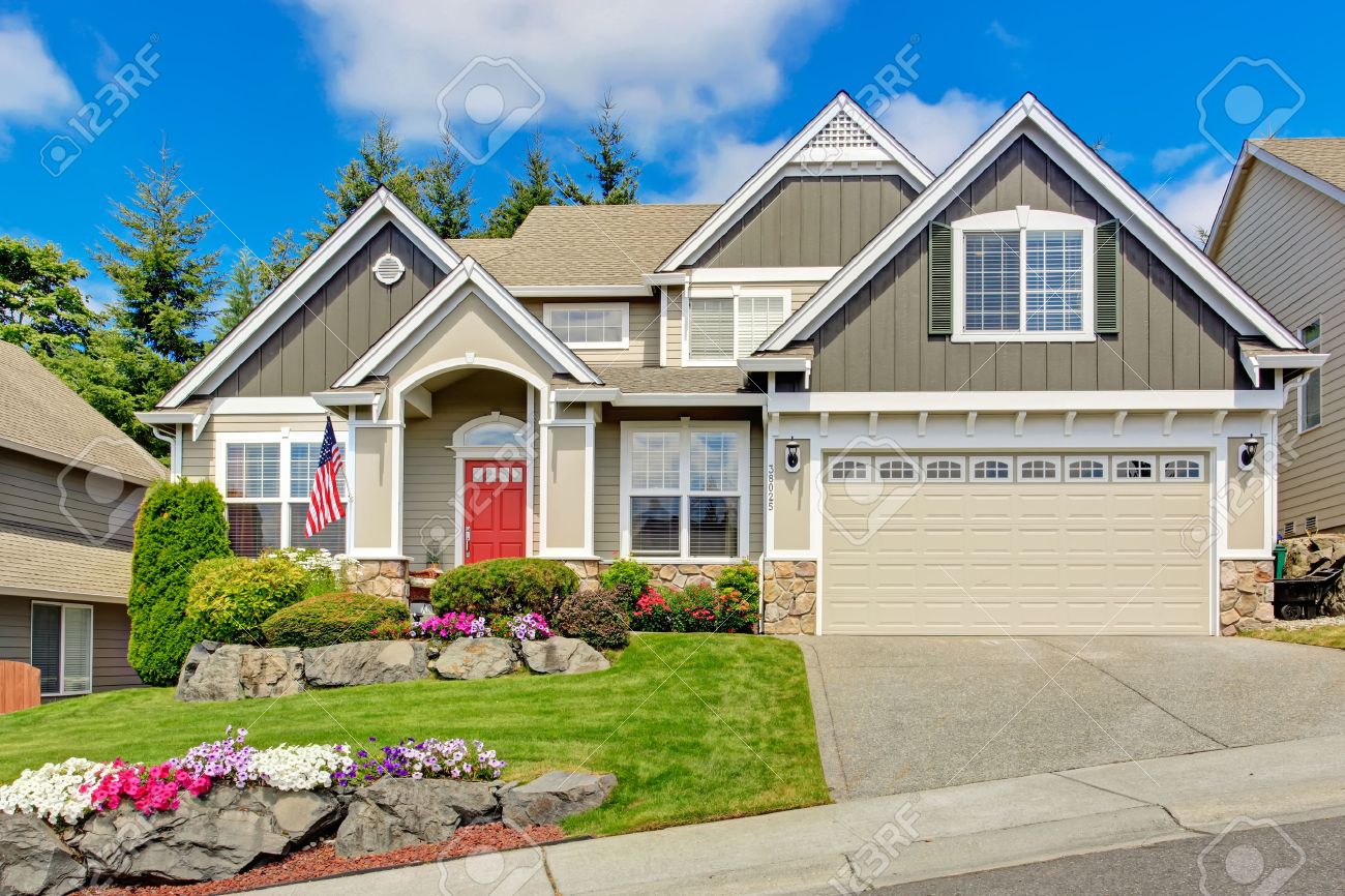 Red Door Grey House grey house exterior with entrance porch and red door. beautiful Red Door Grey House grey house exterior with entrance porch and red door. beautiful