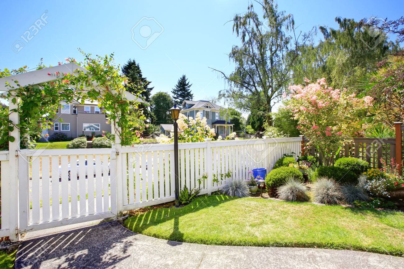Vorgarten Landschaft Mit Bluhenden Baum Dekorative Straucher Und Weissen Holzzaun Lizenzfreie Fotos Bilder Und Stock Fotografie Image 31658968