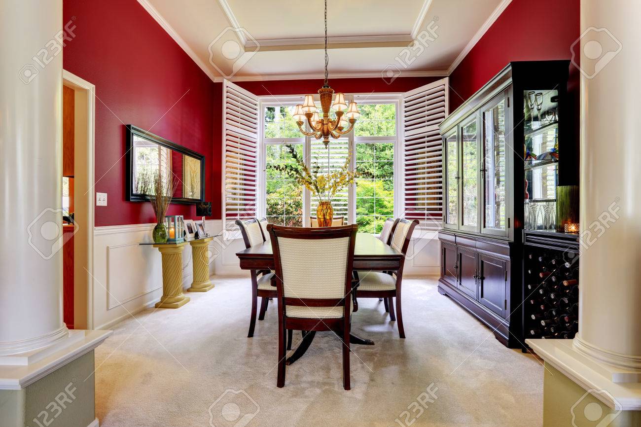 Luxury Dining Room With Bright Red Wall And White French Window ... Luxury Dining Room With Bright Red Wall And White French Window ...