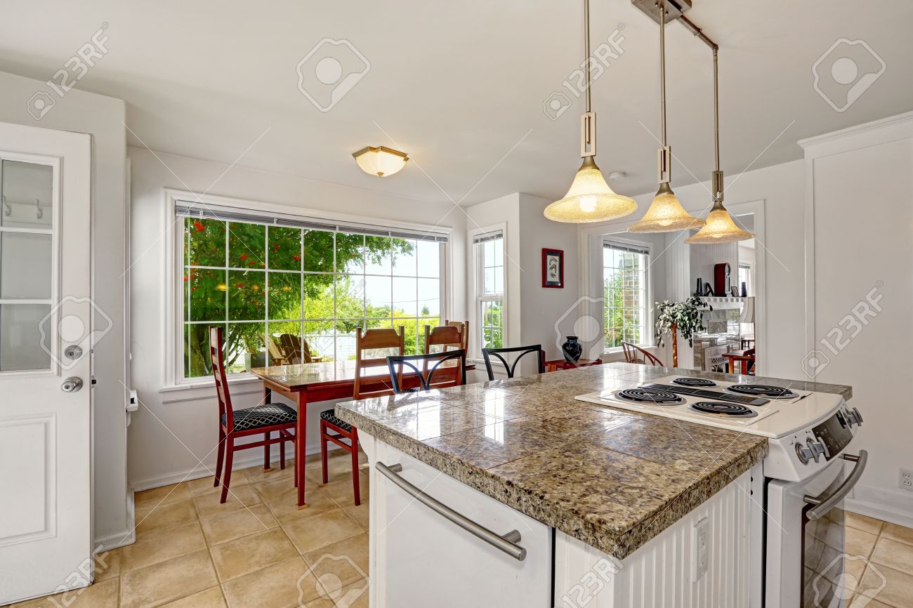 White Kitchen Room With Granite Tops Kitchen Island With Built In