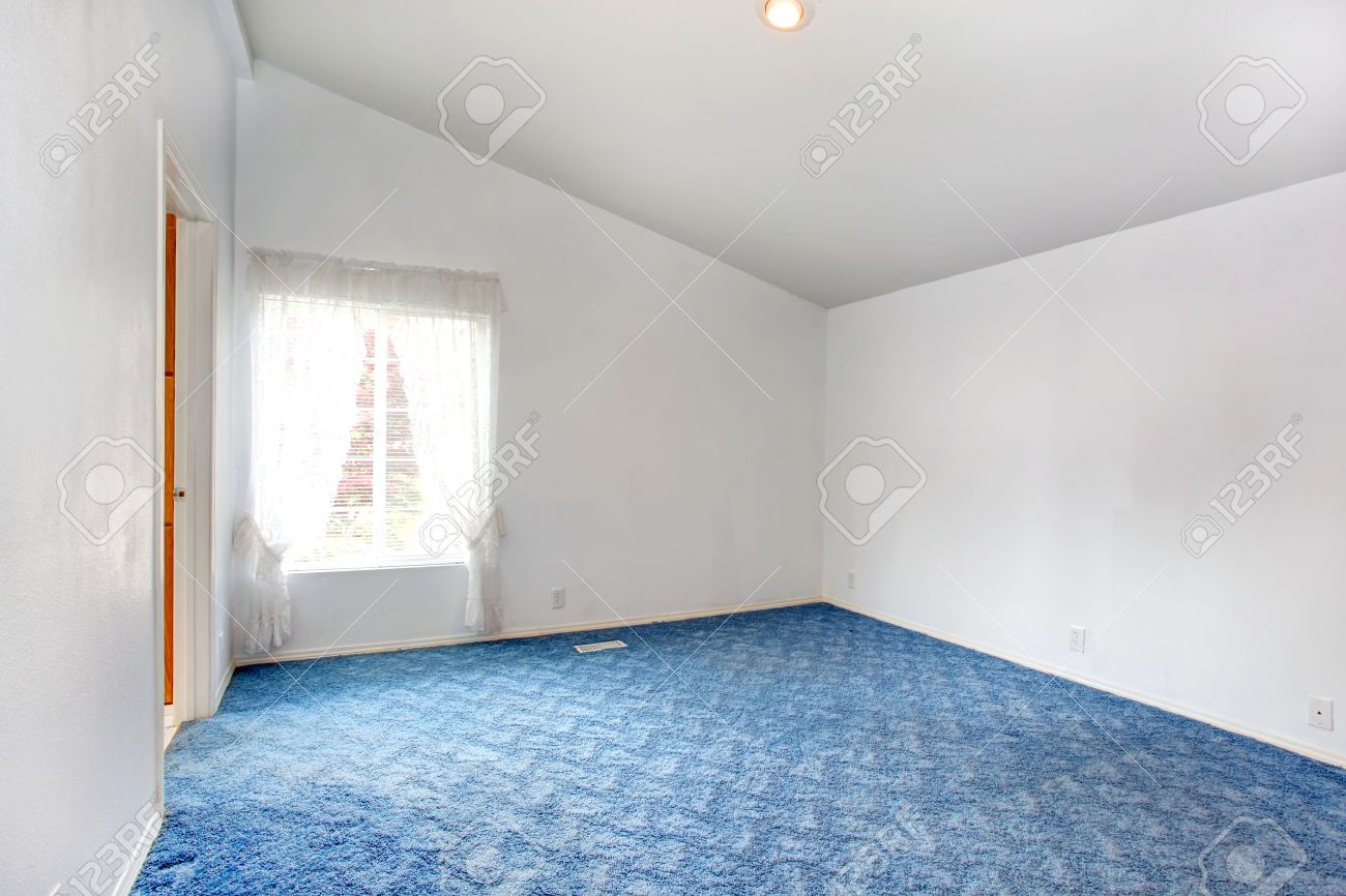 Empty Bright Bedroom Interior With Blue Carpet Floor White Walls