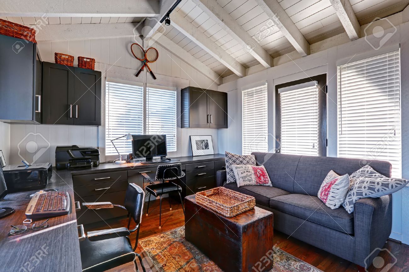 beautiful bright office. bright beautiful home office interior design with classic american style stock photo 41629790