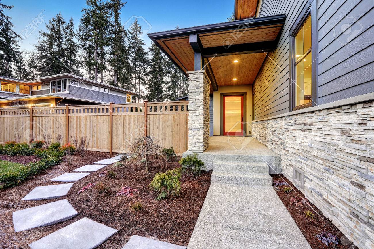 Entrance Of Luxurious New Construction Home With Blue Siding.. Stock ... Entrance Of Luxurious New Construction Home With Blue Siding.. Stock ...