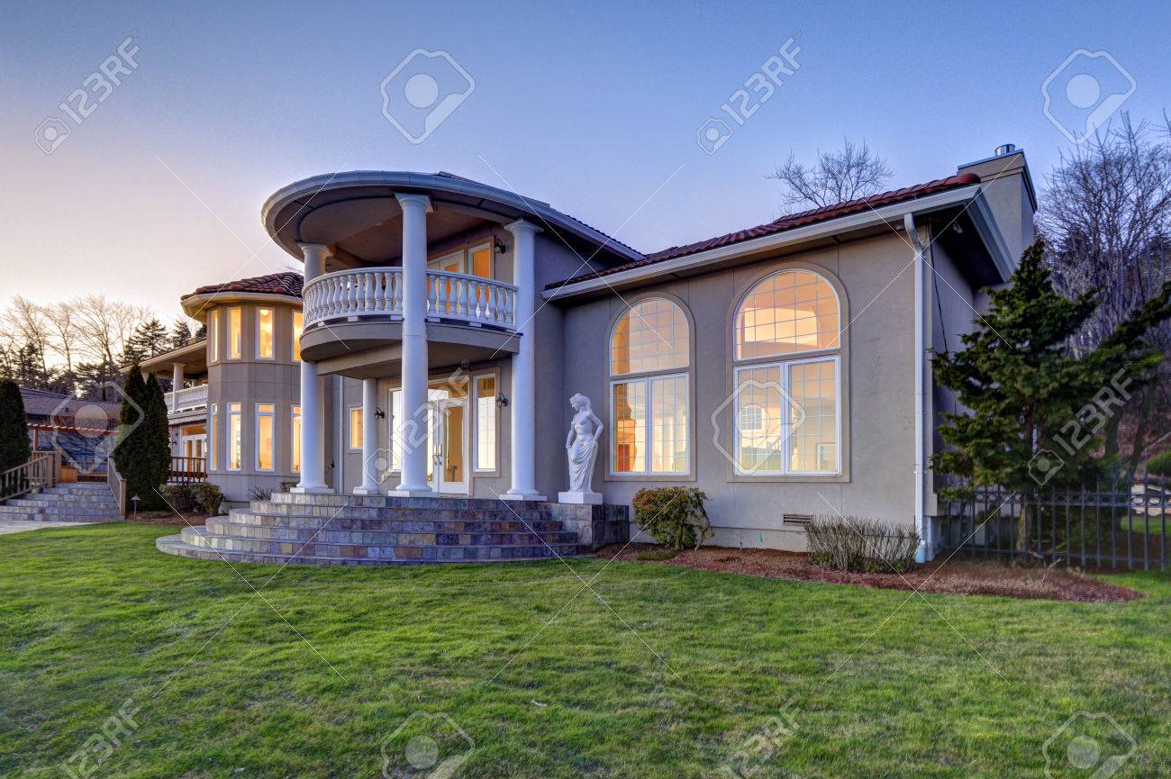 Mediterranean Style Luxury Waterfront Home Exterior Boasts Large