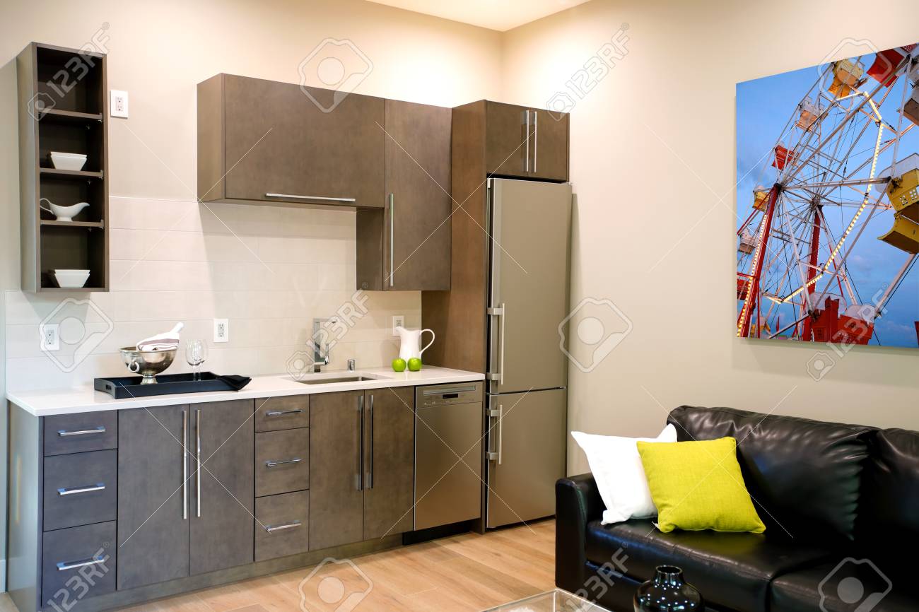 Family Room Design With Wet Bar Nook Furnished With Black Leather