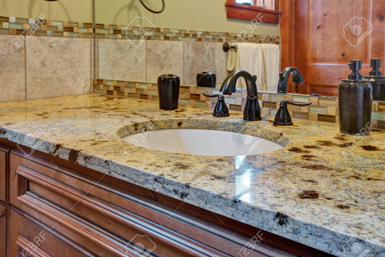 Master Bathroom Interior Bathroom Vanity Topped With Granite Stock Photo