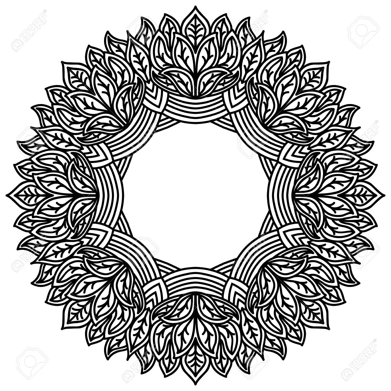 葉っぱの模様を持つゼンタングルマンダラ 白い背景にレースの彫刻フレーム レーザー切断 プロッタ切断または印刷に適したパターン ベクトルイラスト のイラスト素材 ベクタ Image