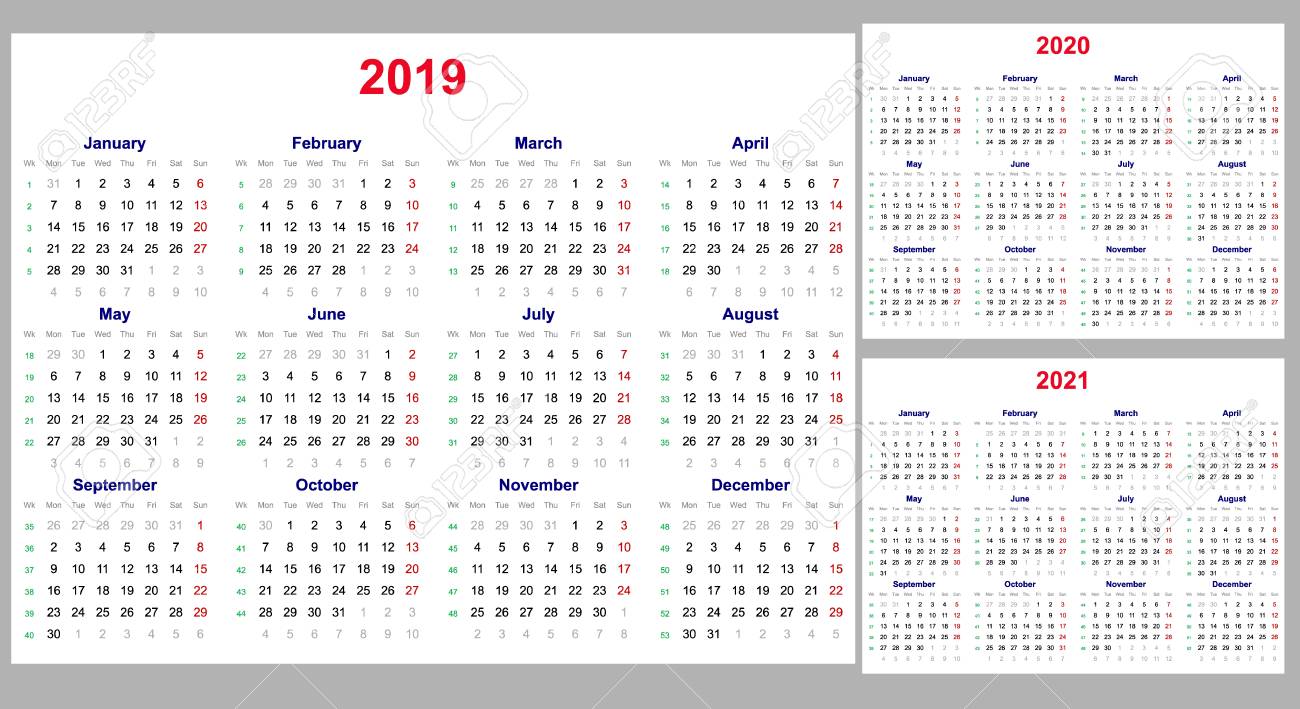 calendar grid for 2019 2020 and 2021 years set the week starts calander years