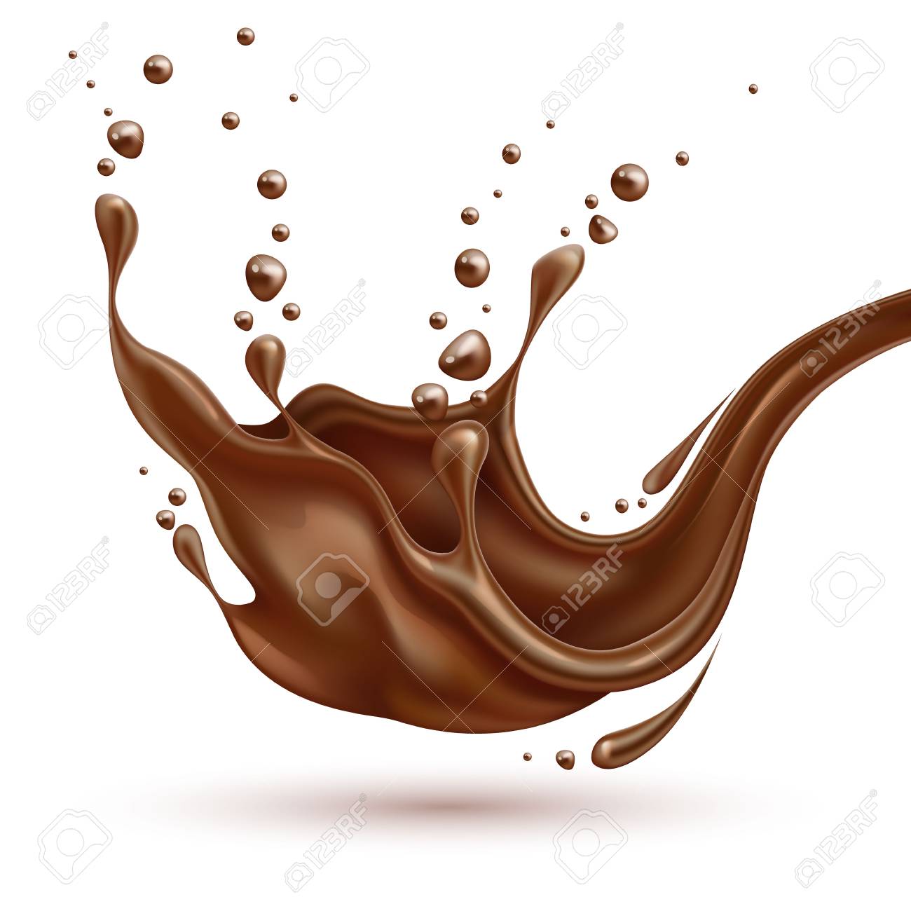 ベクトルリアルなチョコレートスプラッシュ 液体チョコレートの渦 溶融 溶融ココアフローを注ぎます 広告デザインのための高詳細なイラスト孤立した白い背景 甘い食品包装要素のイラスト素材 ベクタ Image