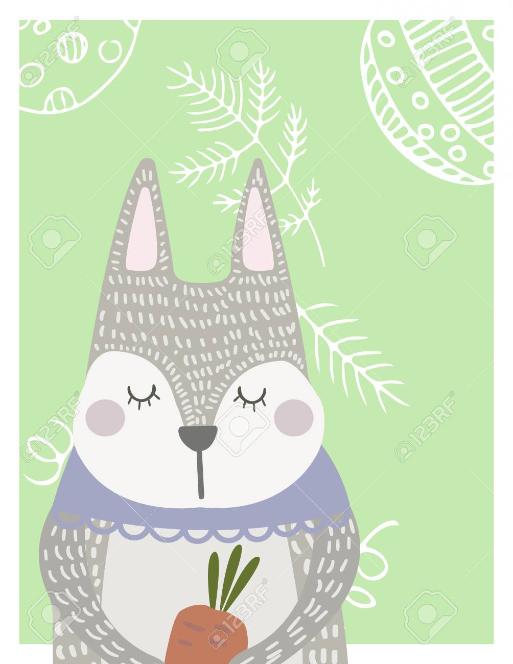 手書きの面白い スカンジナビア スタイルかわいい睡眠キャロットウサギ 幼稚な子供アパレル ポスター ポストカード ステッカー 印刷をカバーします のイラスト素材 ベクタ Image