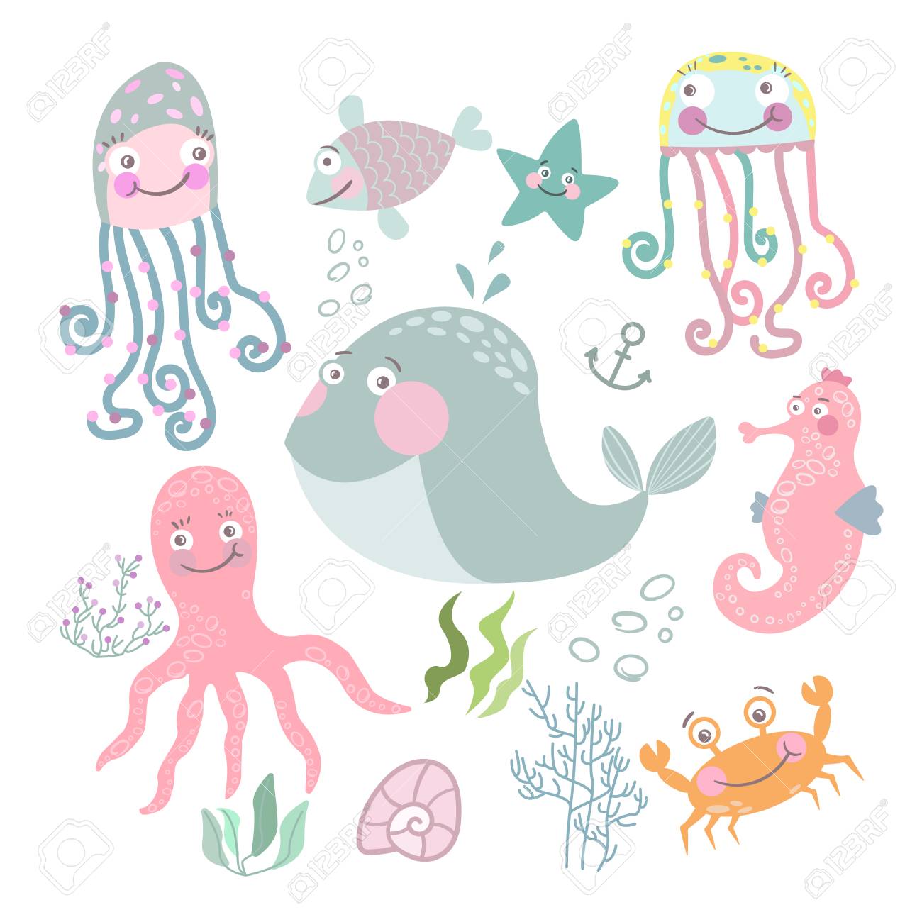 海の生活を設定します 手には 藻類 魚 クラゲ カニ クジラ ヒトデ タツノオトシゴ タコ シェル がんが描画されます カラフルな幼稚な漫画ベクトル イラスト集 のイラスト素材 ベクタ Image