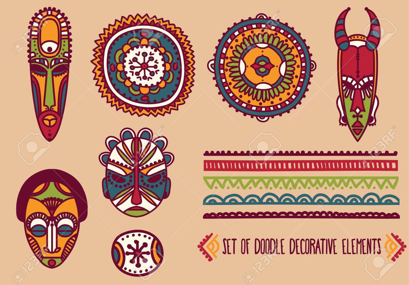 set of traditional african masks and african ornaments vector
