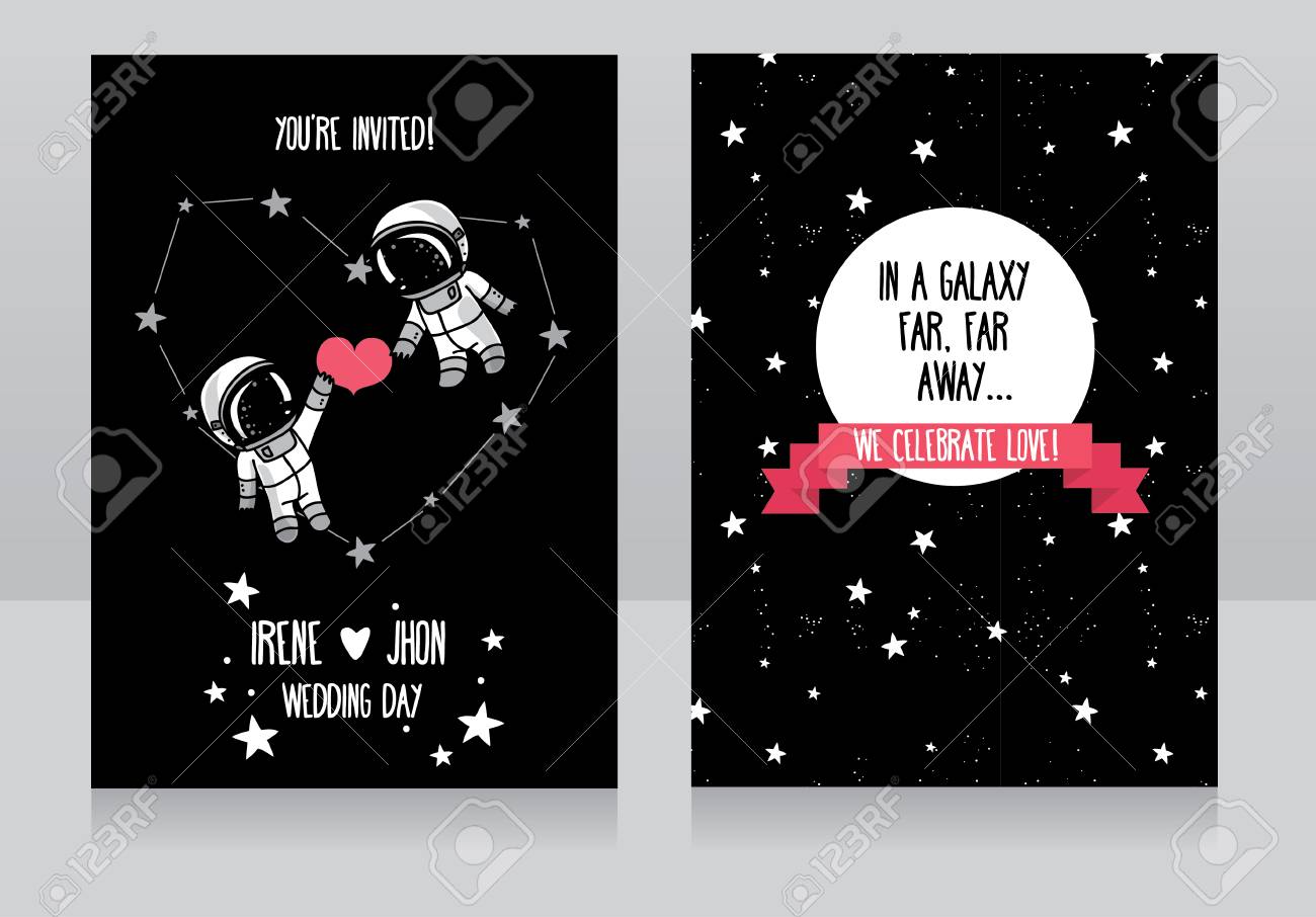 結婚式の招待状を星とかわいい宇宙飛行士 銀河ファー 遠くに 結婚式 ベクトル イラスト のイラスト素材 ベクタ Image