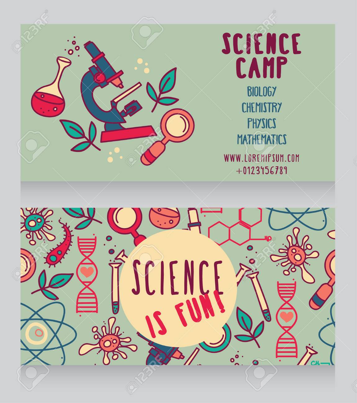 サイエンス キャンプ 明るいカード落書き科学アイコン ベクトル イラスト のイラスト素材 ベクタ Image