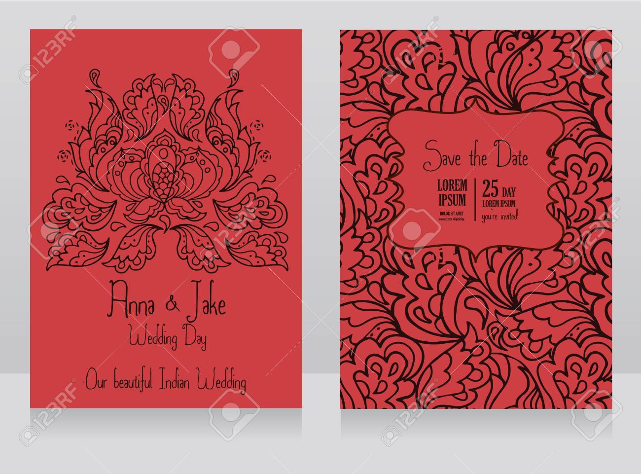 Template For Wedding Invitation In Indian Style Red Color Traditional Royalty Free Cliparts Vectors And Stock Illustration Image 91267105