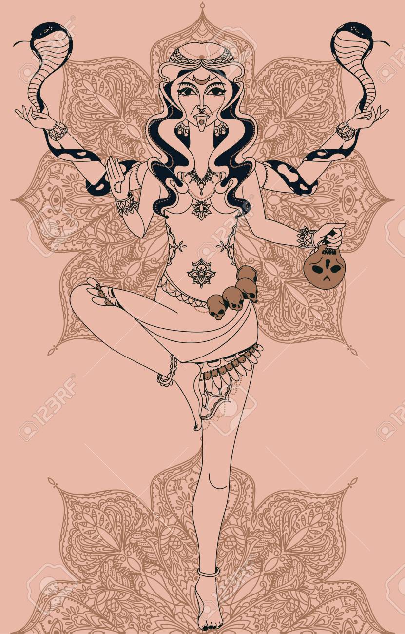 Dancing Indian Goddess Kali With Two Snakes And Traditional Mandala Round  Pattern, Vector Illustration Royalty Free SVG, Cliparts, Vectors, and Stock  Illustration. Image 93078081., image size:831x1300