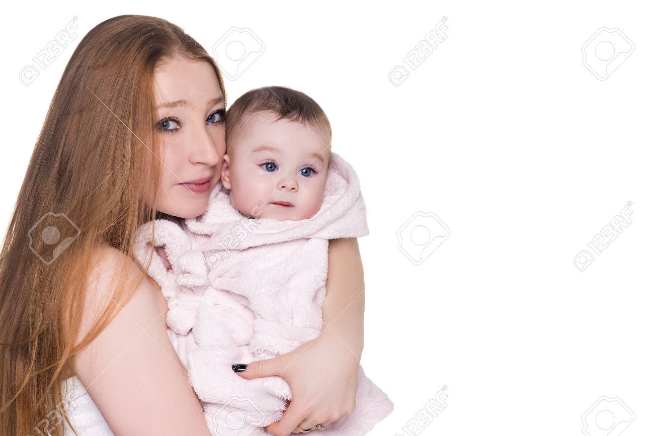 loving mother with her cute baby isolated on white mom holding