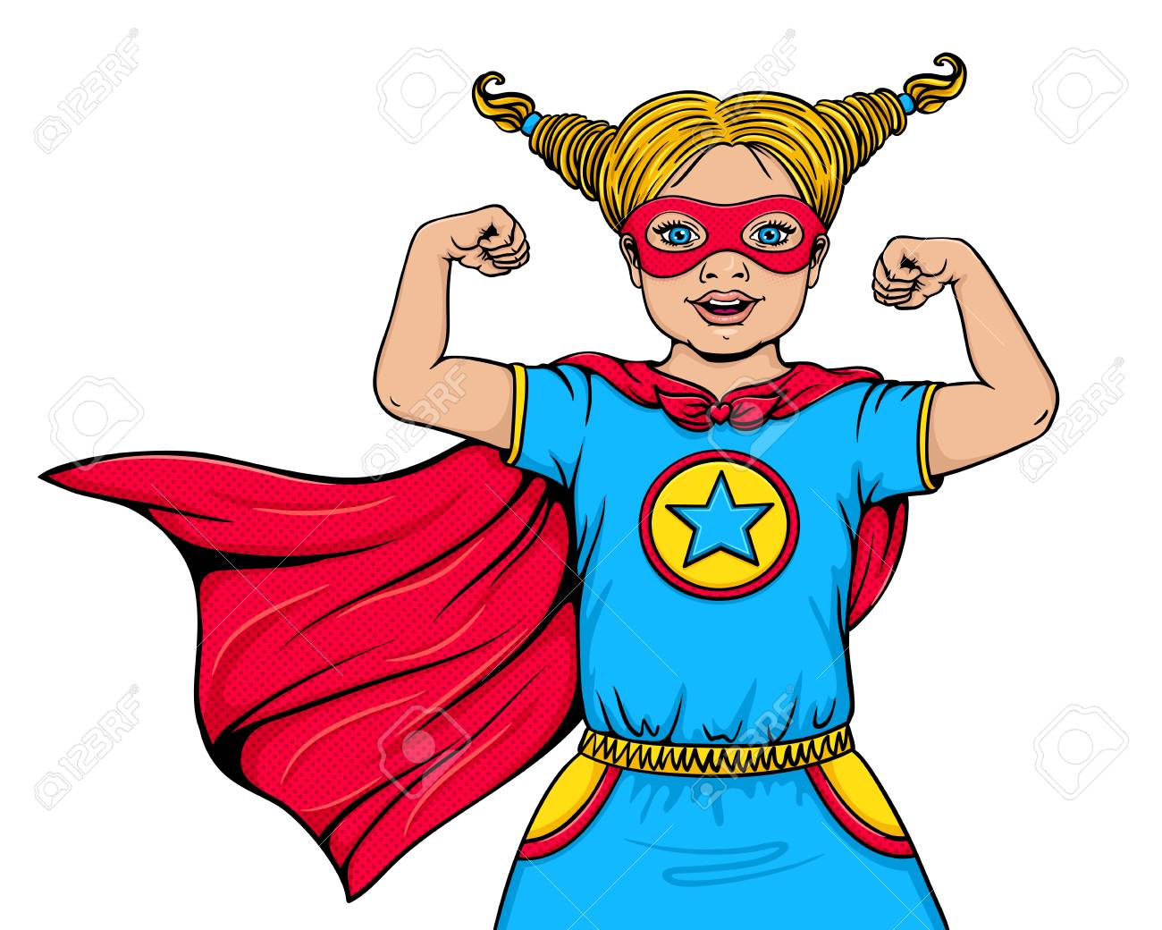 cute happy little girl dressed in superhero costume with open superhero power