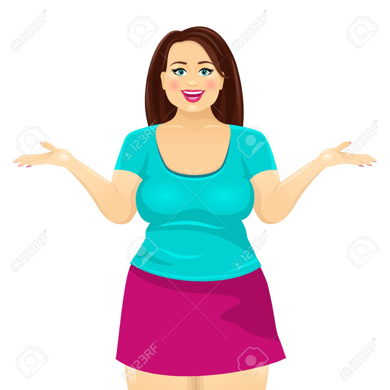 Attractive Plump Brunette Woman Smiles With Open Mouth And Spreads Her Hands Vector Cartoon Character Attractive Plump Brunette Woman Smiles With Open Mouth And Spreads Her Hands Vector Cartoon Character