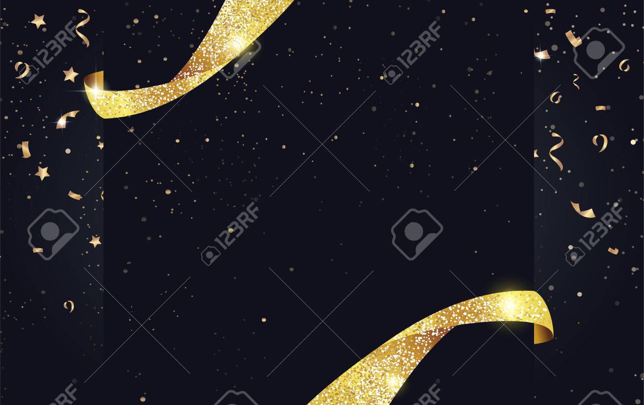 Festive sparkling background with ribbons, gold sparkles and confetti. - 64911087 Festive sparkling background with ribbons, gold sparkles and confetti. - 64911087