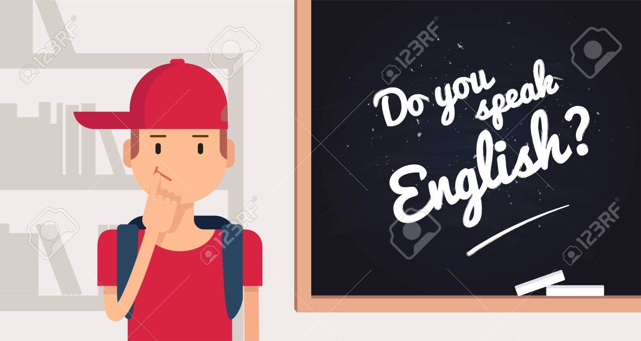 Do You Speak English Concept Cute Cartoon Boy Standing Near The Blackboard Vector Illustration Royalty Free Cliparts Vectors And Stock Illustration Image