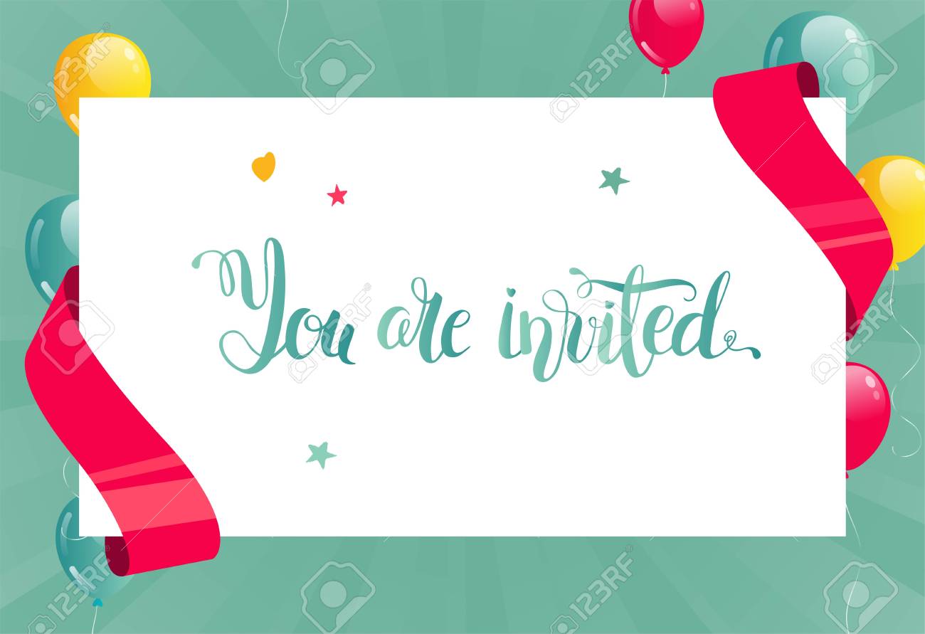 invitation card banner with balloons ribbons and paper sheet you are invited card
