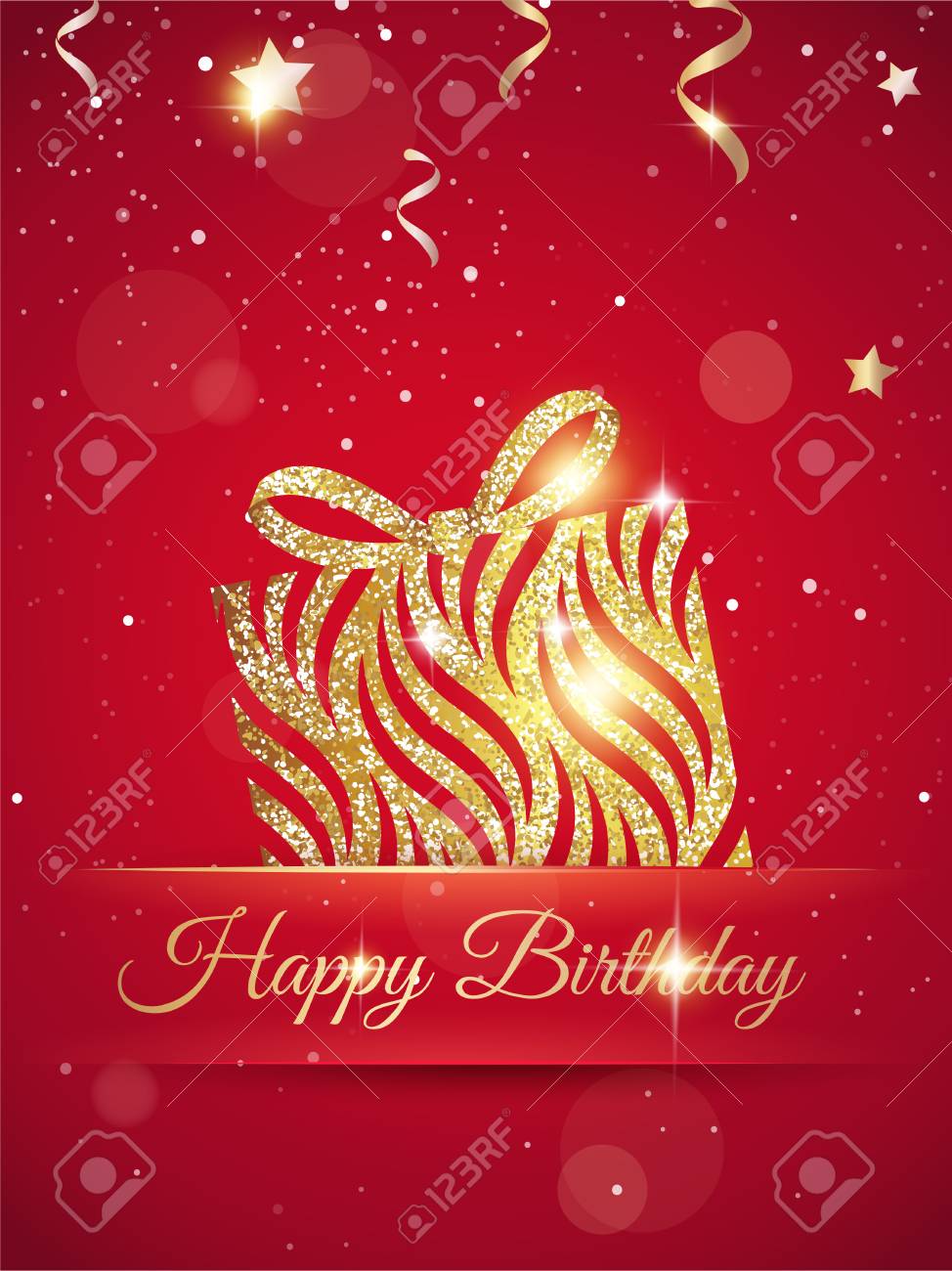 Happy birthday elegant red card with gift, confetti and gold.. Happy birthday elegant red card with gift, confetti and gold..