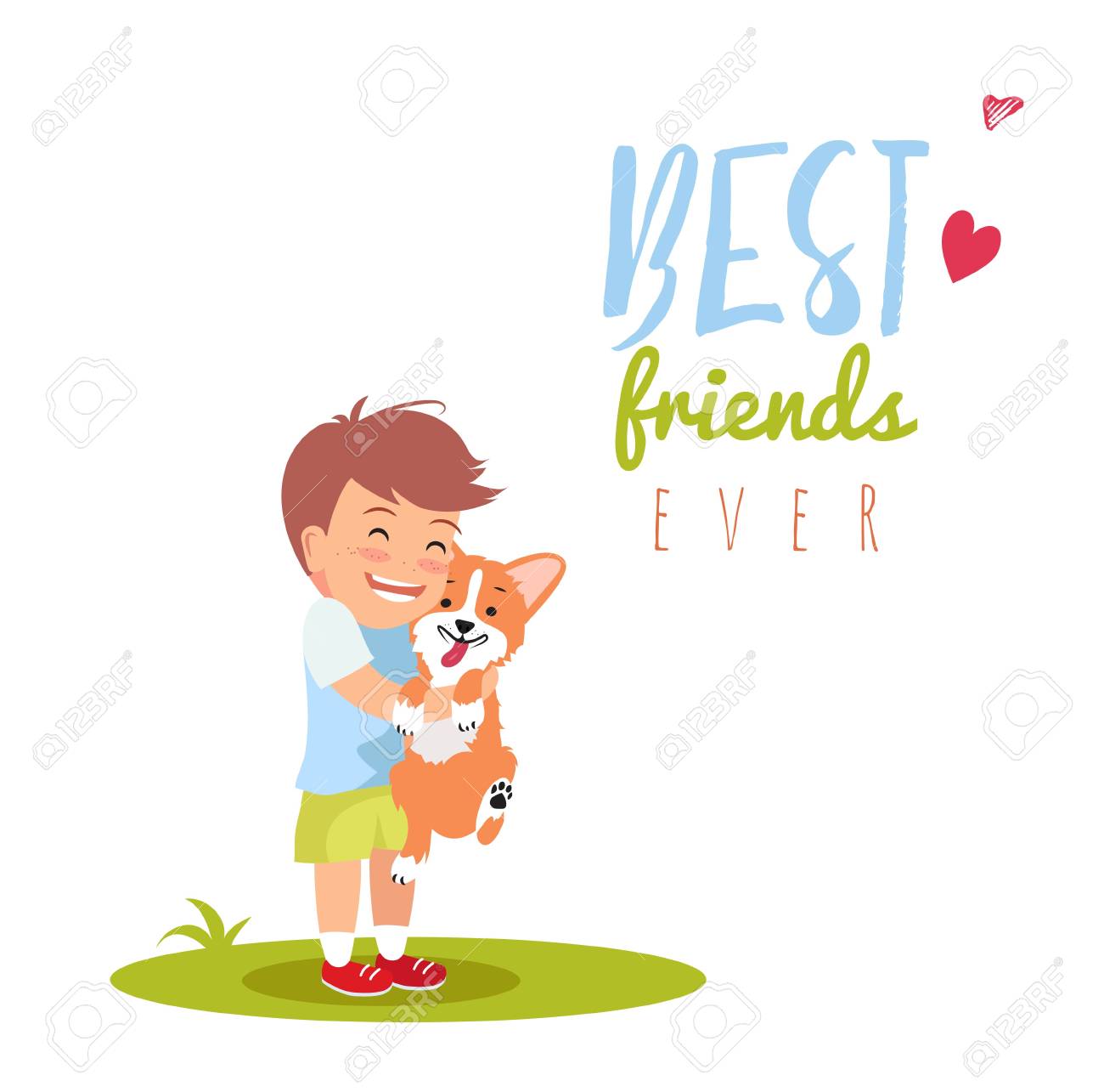かわいい男の子は犬を抱いています 最高の友人は これまでベクトル イラスト 友情日のコンセプトです のイラスト素材 ベクタ Image
