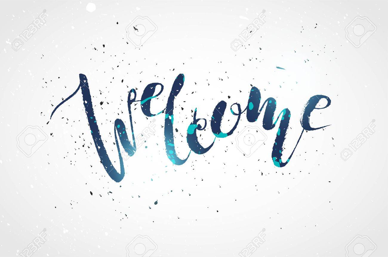 白い遭難した背景に書道看板歓迎を分離しました ハンド書かれたレタリングデザイン 結婚式の招待状 パーティー お祝いのレセプションや誕生日のためのブルーウェルカムサイン ベクターイラスト のイラスト素材 ベクタ Image