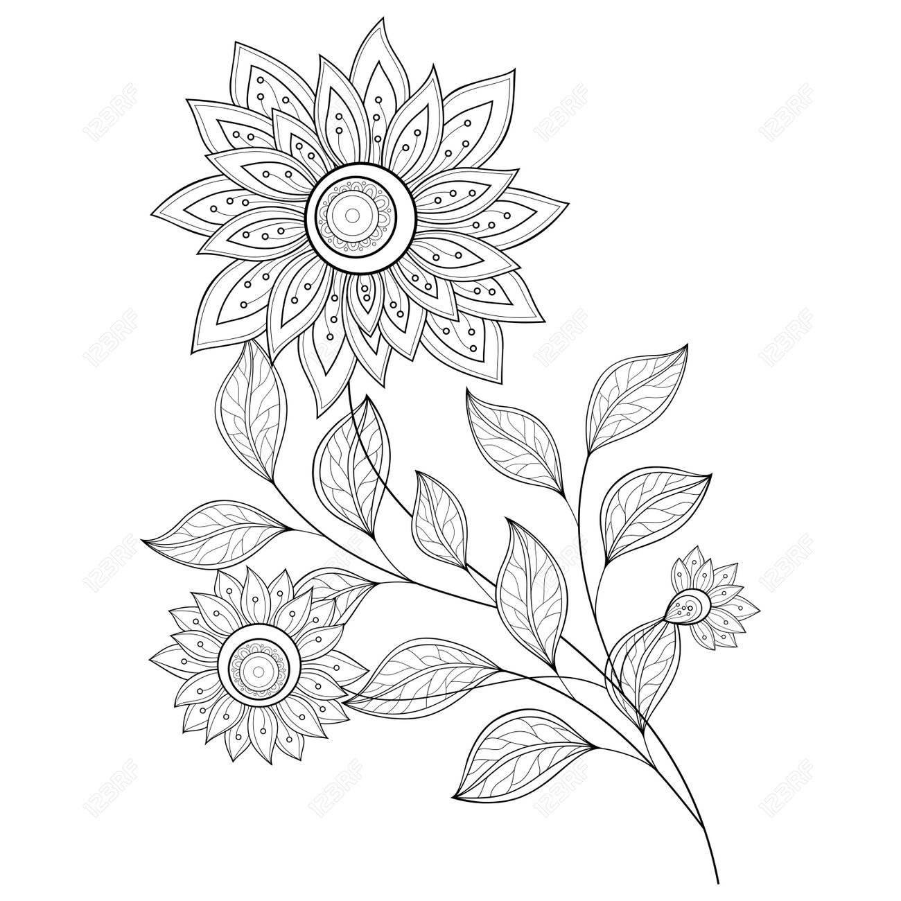 白黒輪郭花のイラスト素材 ベクタ Image