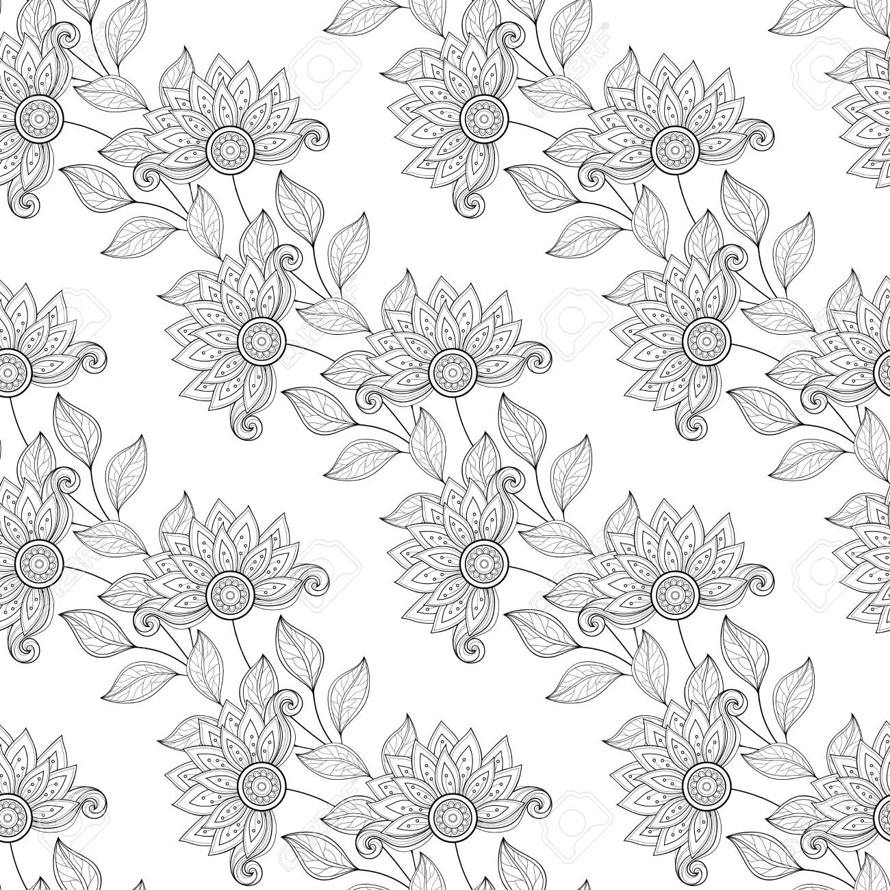 ベクターのシームレスな白黒花柄パターン 手描き花柄テクスチャ 装飾花の塗り絵のイラスト素材 ベクタ Image