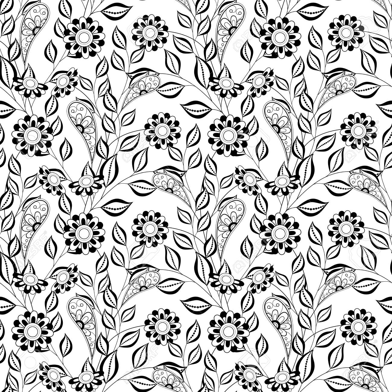 ベクターのシームレスな白黒花柄パターン 手描き花柄テクスチャ 装飾花の塗り絵 のイラスト素材 ベクタ Image