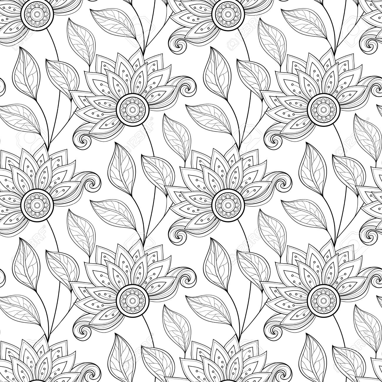 ベクターのシームレスな白黒花柄パターン 手描き花柄テクスチャ 装飾花の塗り絵のイラスト素材 ベクタ Image ベクターのシームレスな白黒花柄パターン 手描き花柄テクスチャ 装飾花の塗り絵のイラスト素材 ベクタ Image