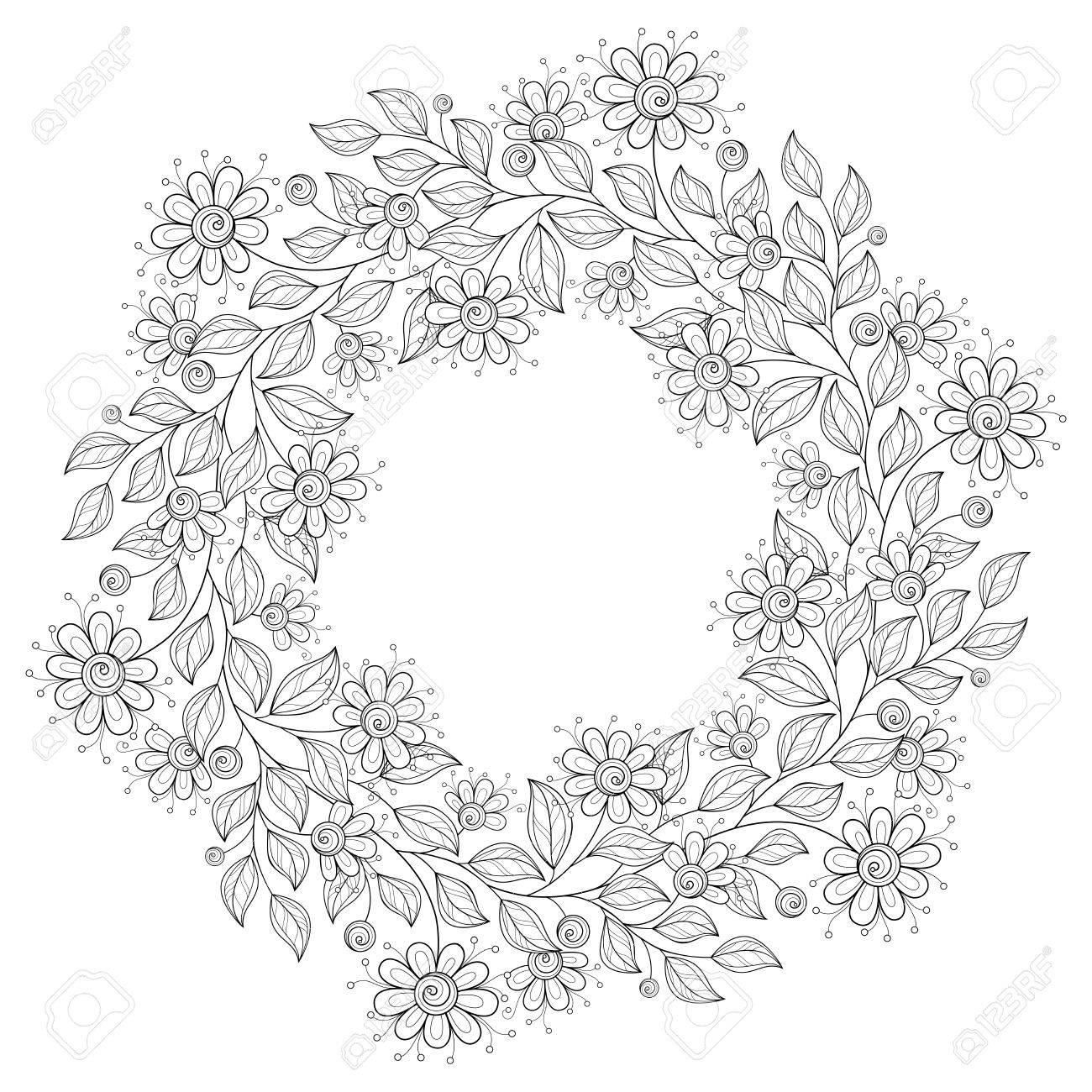 Monochrome Floral Background Hand Gezeichnete Verzierung Mit Blumenkranz Vorlage Fur Grusskarte Lizenzfrei Nutzbare Vektorgrafiken Clip Arts Illustrationen Image