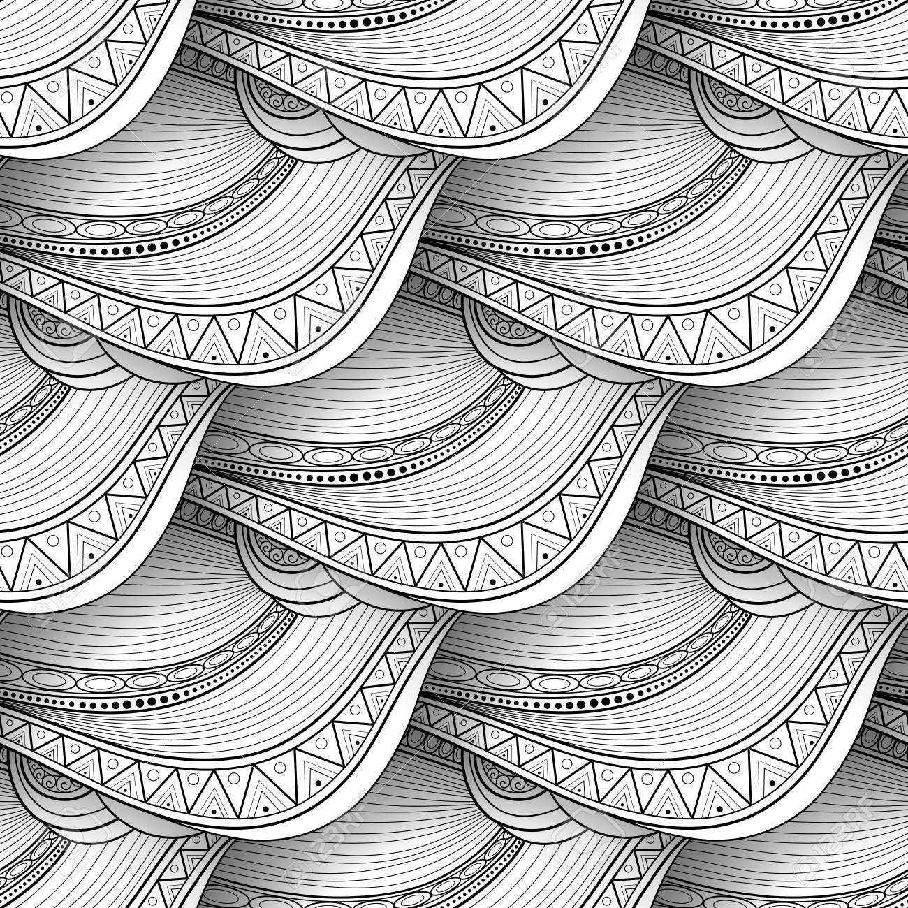 ベクトル白黒波シームレス パターン オリジナルの華やかなデザイン 輪郭ペイズリー ガーデン スタイル インド様式 リアルな影のスタイルを落書きのイラスト素材 ベクタ Image