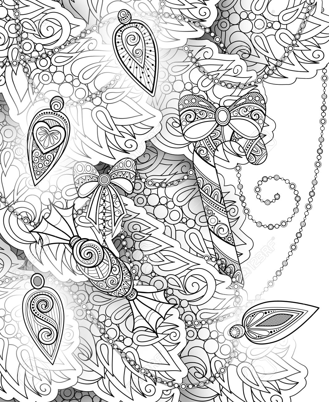 白黒メリー クリスマス イラスト キャンデー杖 弓とツリーの熱烈なガーランド飾り のイラスト素材 ベクタ Image