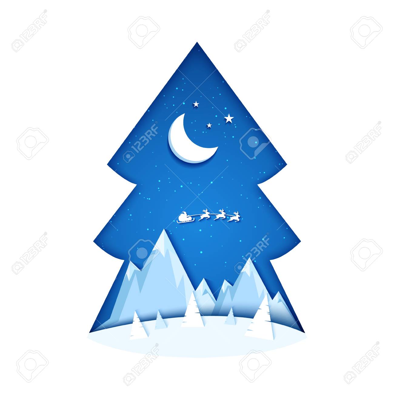 メリー クリスマスと新年あけましておめでとうございます 市に来て空にサンタ クロースのイラスト ペーパー アートや工芸品のスタイルのイラスト素材 ベクタ Image