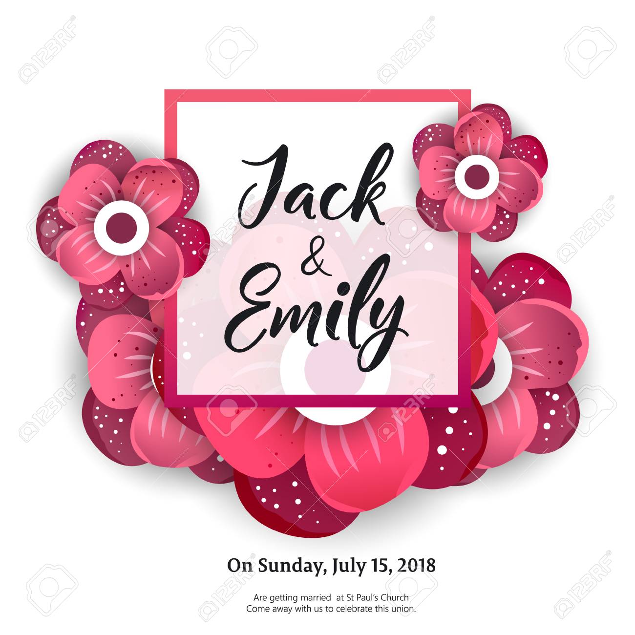 floral invitation template with red flowers on white background