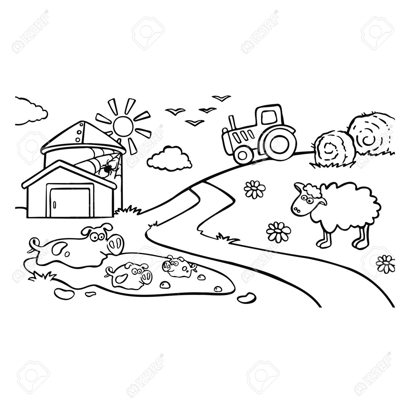 Cartoon Outline Farm With Sheep Coloring Book For Children Royalty Free  SVG, Cliparts, Vectors, and Stock Illustration. Image 193714368., image size:1300x1300
