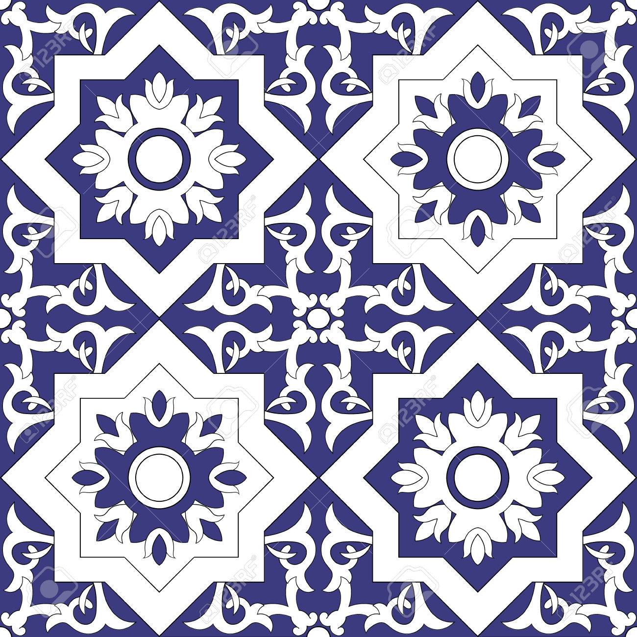 Ornamentale Blu Vettore Senza Soluzione Di Continuità E Di Colore Bianco Azulejo Tegole Portoghesi Celtico Spagnolo Marocchino Talavera Turco O