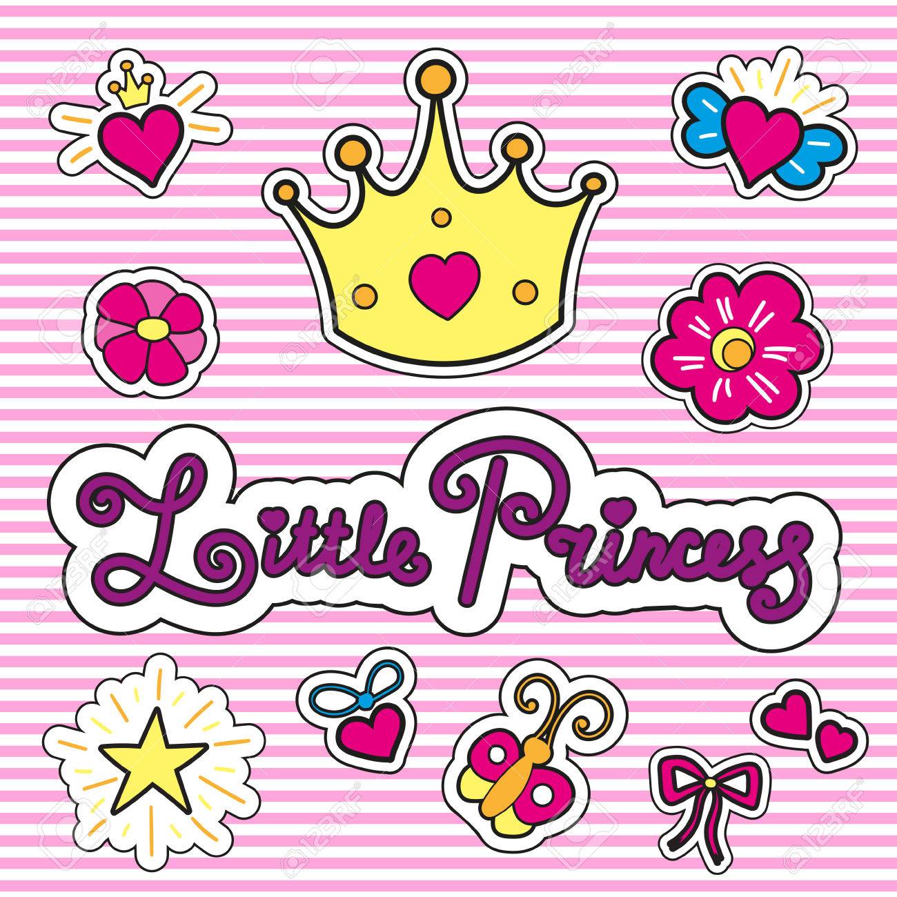 リトル プリンセスの王冠 心 星 花などのかわいい要素とパッチをファッションします のイラスト素材 ベクタ Image