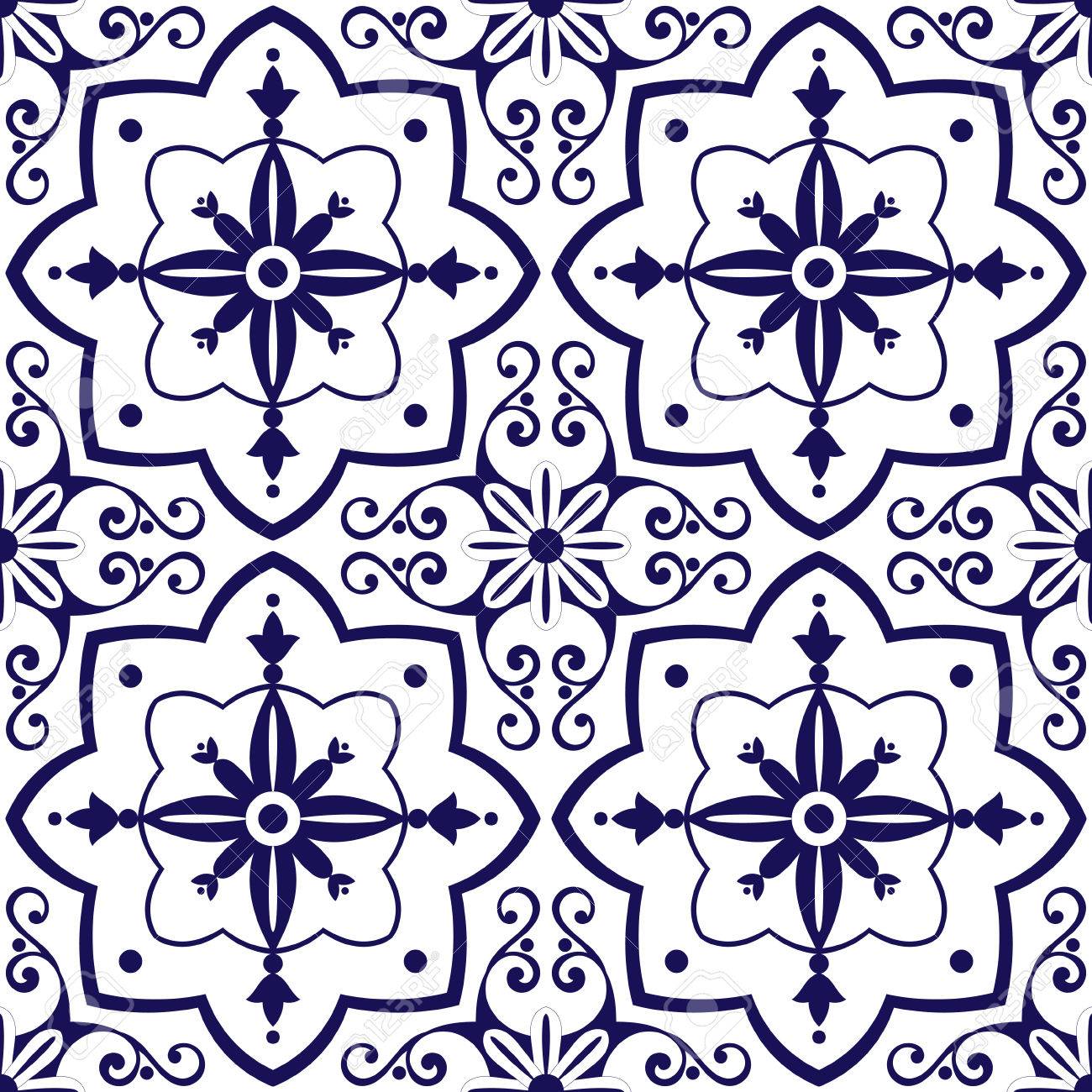 青と白の花の装飾品をメキシコ タイル パターン ベクトル ポルトガル Azulejo スペインやモロッコのモチーフ 生地の折り返しや表面の質感の壁紙のタイル張りの背景 のイラスト素材 ベクタ Image