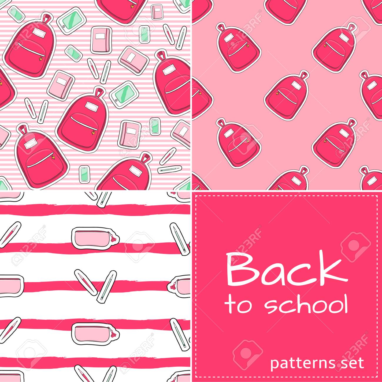 戻る学校にパターン ベクトルを設定シームレス 10 代の少女の背景のコレクションです 創造教育デザイン デジタル ペーパー Web バナー テンプレートを印刷します のイラスト素材 ベクタ Image 4379