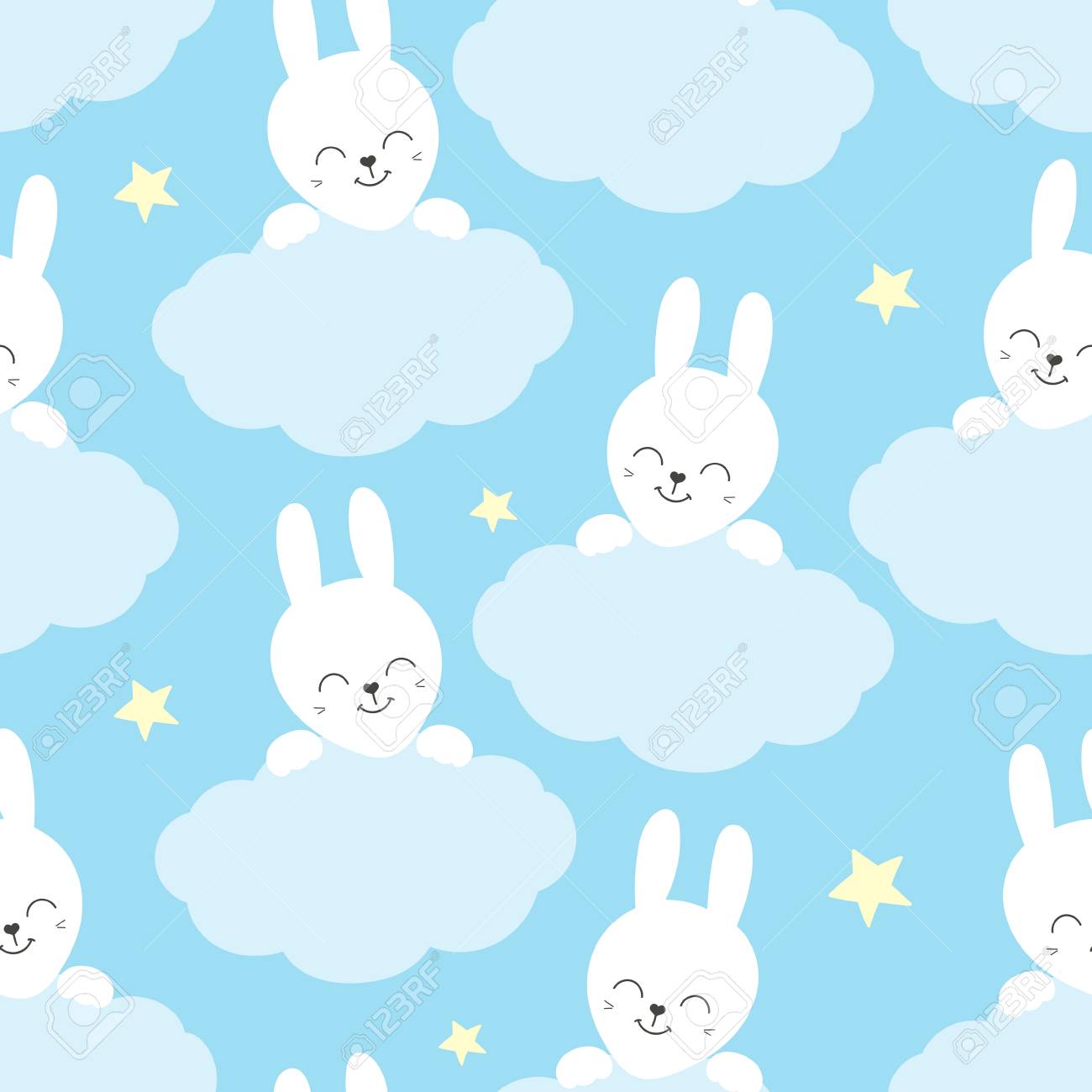 Modele De Bebe Mignon Avec Petit Lapin Enfants Animal Dessin Anime Imprimer Le Vecteur Sans Soudure Fond Doux Avec Lapin Blanc Et Nuages Pour Le Tissu Des Enfants Textile De Maison Affiche