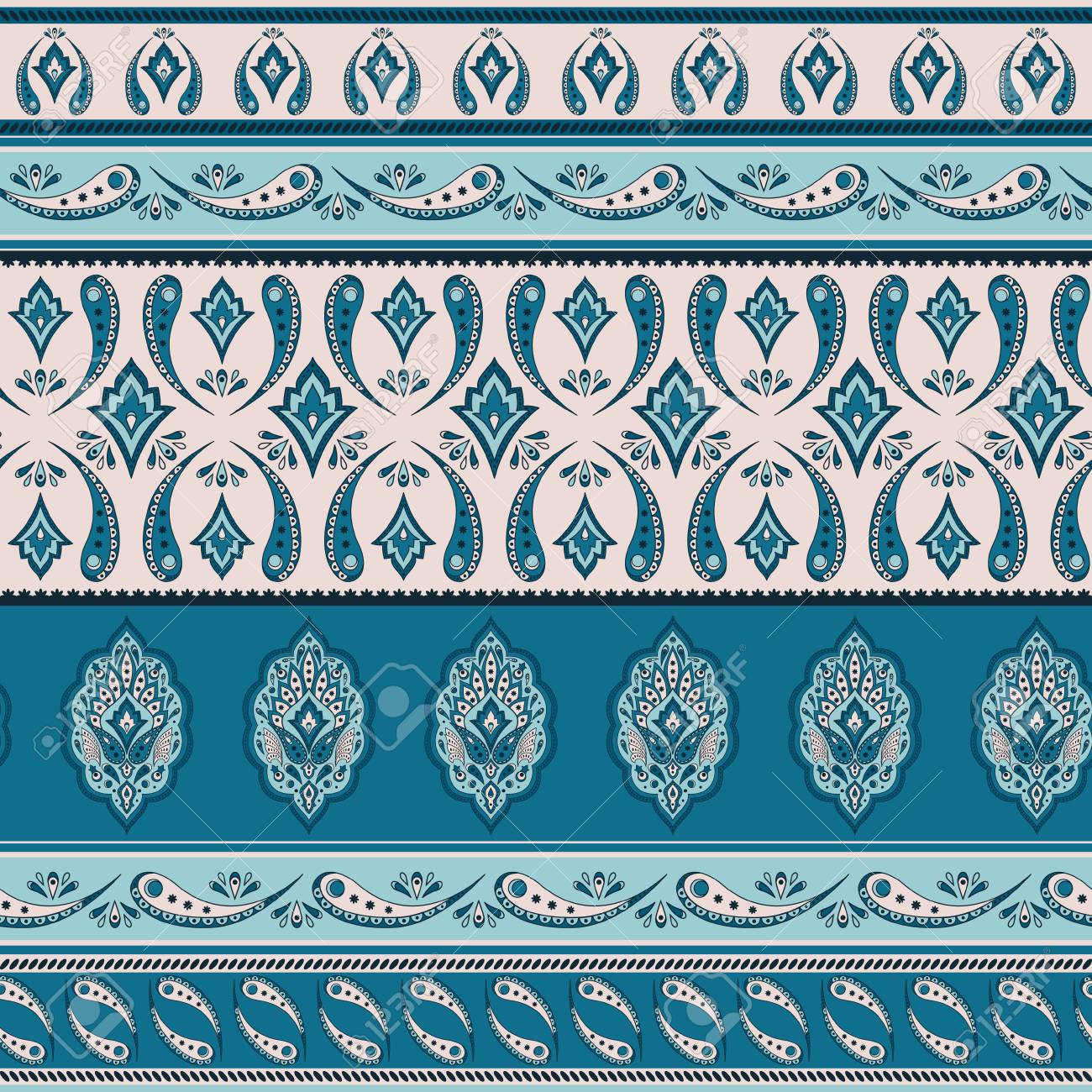 Floral Indian Paisley Pattern Vector Seamless Border. Vintage Flower Ethnic  Ornament For Batik Rug Print Fabric. Oriental Folk Design For Scarf  Bandana, Persian Carpet, Blanket Textile, Clothing. Royalty Free SVG,  Cliparts, Vectors,, image size:1300x1300